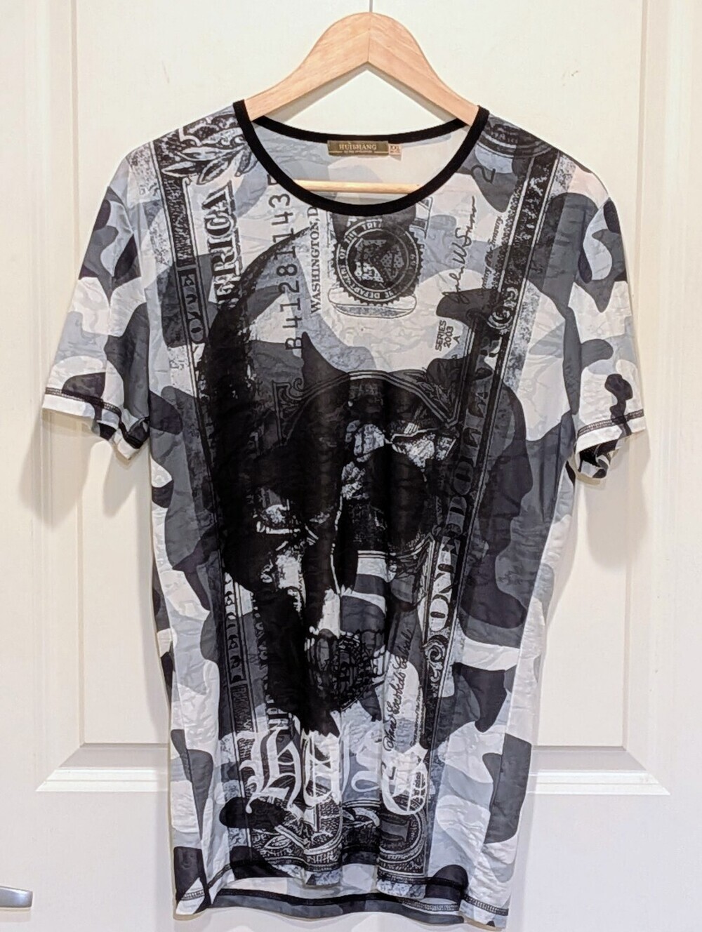 3/$30 EUC Huishang XXL Sheer Money Print Tee with Grey Camo Back